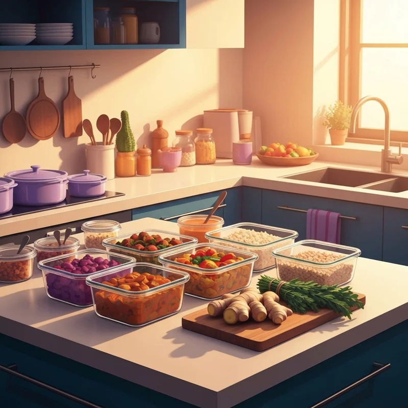 A collection of glass containers filled with various postpartum meal prep recipes on a kitchen counter.