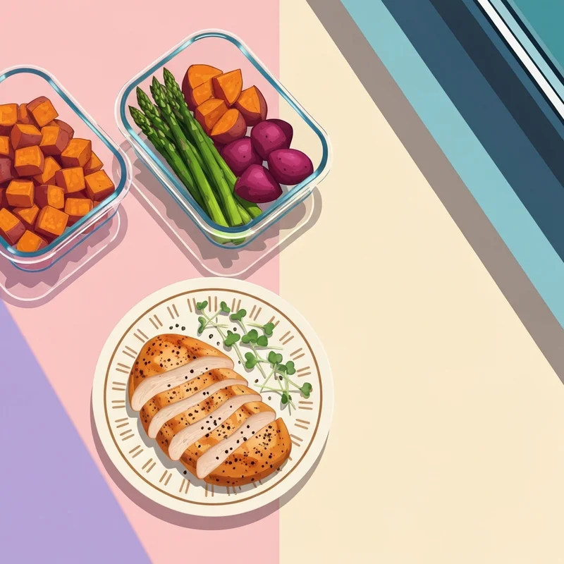 A perfectly prepared gourmet meal prep chicken breast in an organized, aesthetic kitchen setting.