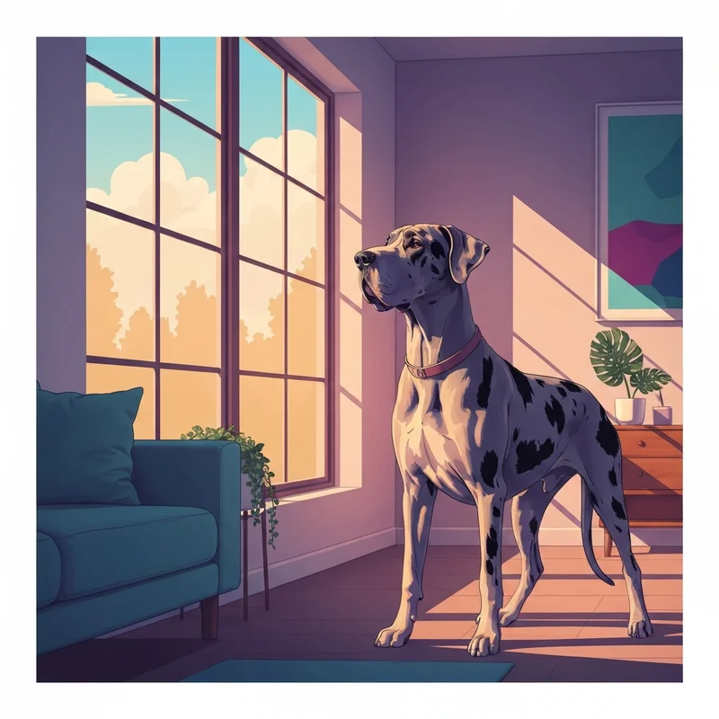 A healthy deep-chested dog standing safely in a home, representing the prevention of bloat canine.