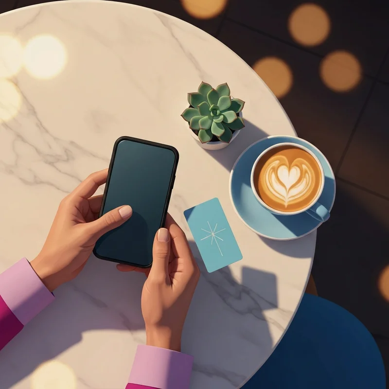 A person using a smartphone to learn how to check balance Starbucks gift card in a cozy modern cafe.