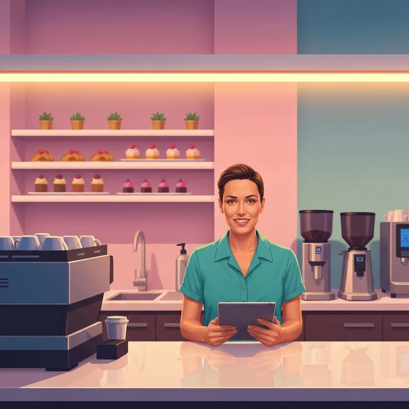 A young professional preparing to submit a dunkin donuts application on a digital tablet in a modern cafe.