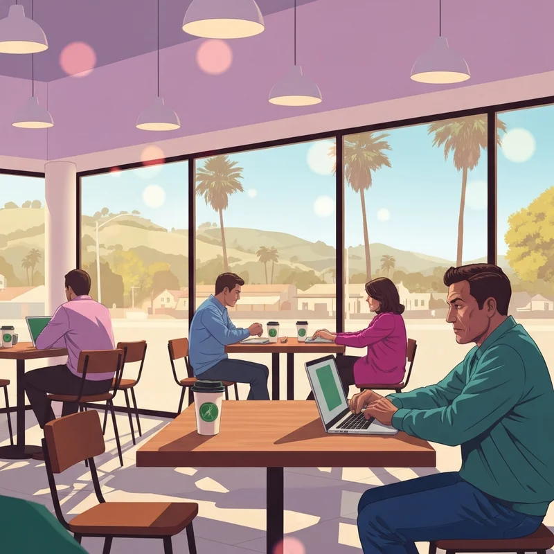 A busy and aesthetic starbucks san marcos location filled with students and shoppers enjoying their morning coffee in a sunny California setting.