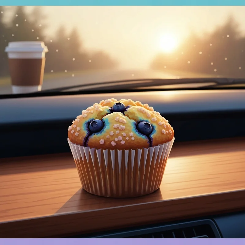 A close-up of a fresh dunkin donuts muffin with blueberry and streusel topping in a car setting.