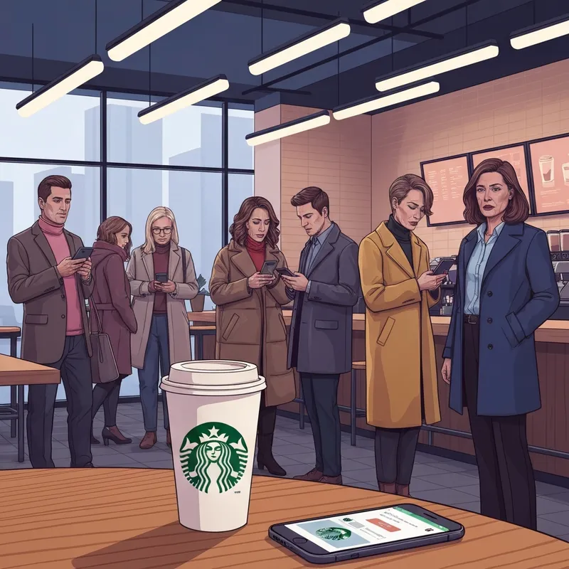 A group of people waiting in line to claim their starbucks free coffee super bowl reward on a Monday morning.