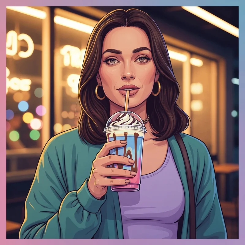 A stylish young woman holding a custom iced latte from the Dunkin drinks menu during golden hour.