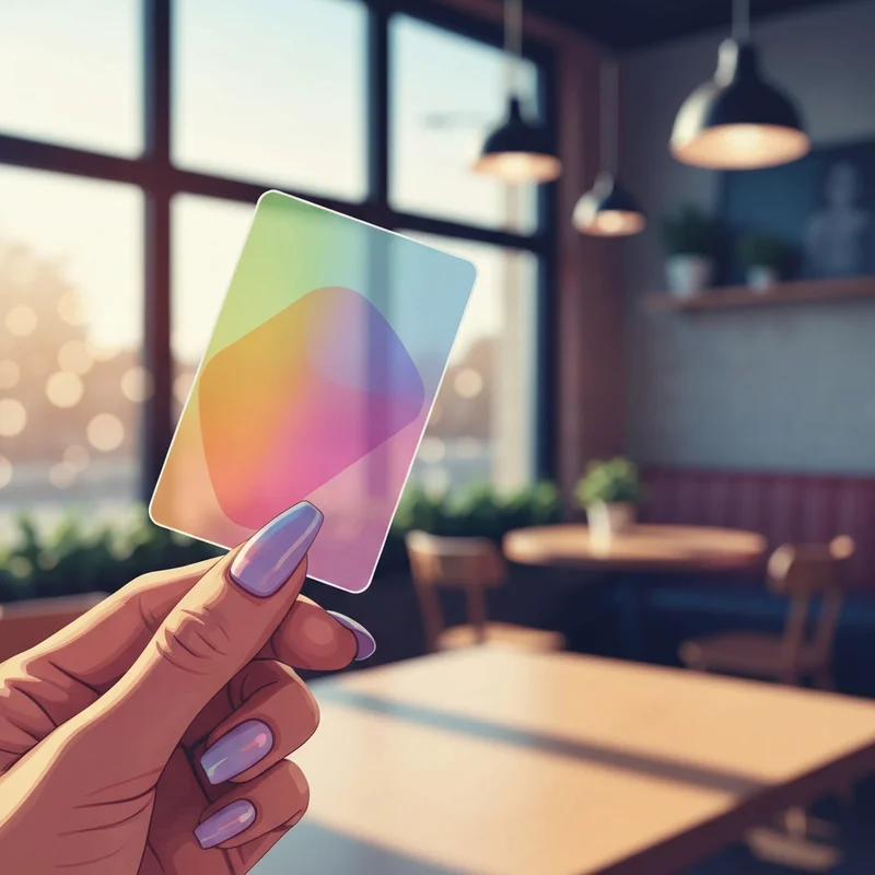 A close-up shot of a hand holding a card to check the dunkin gift card balance in a sunlit cafe.