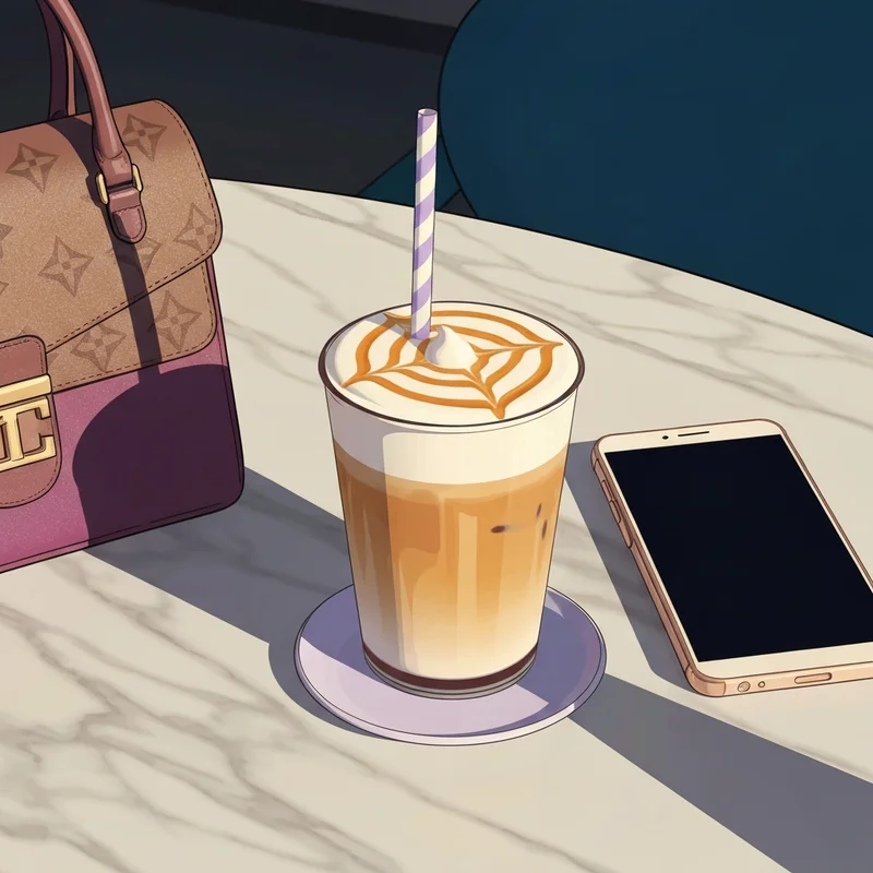 A luxurious and aesthetic sweet drink at Starbucks featuring caramel drizzle and cold foam on a marble table.