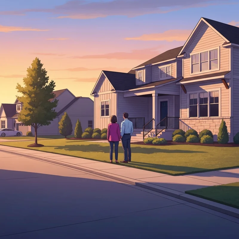 A young couple admiring one of the beautiful homes for sale in bowling green ky during a vibrant sunset.