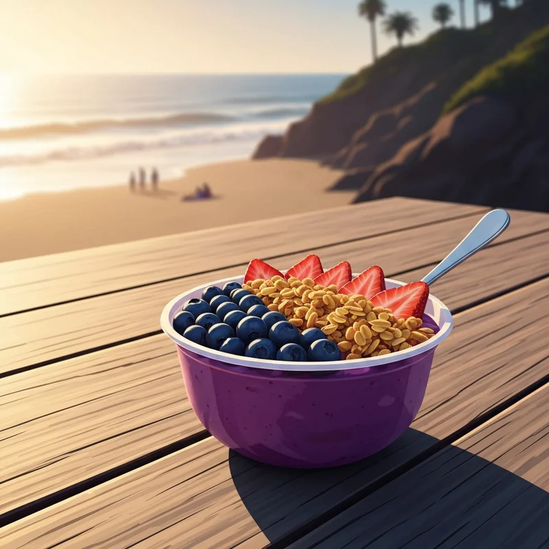 A perfectly styled and vibrant bowl from alohana acai bowls featuring organic toppings and fresh fruit at a coastal California location.