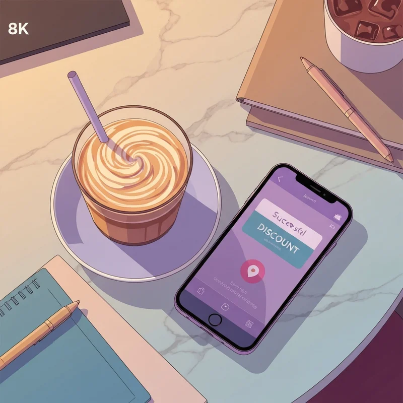 A luxury iced coffee and a smartphone displaying a successful starbucks promo code application.