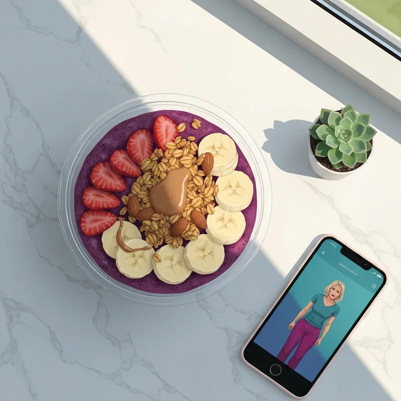 A perfectly styled morning routine featuring sambazon acai bowls with fresh fruit and granola on a marble counter.
