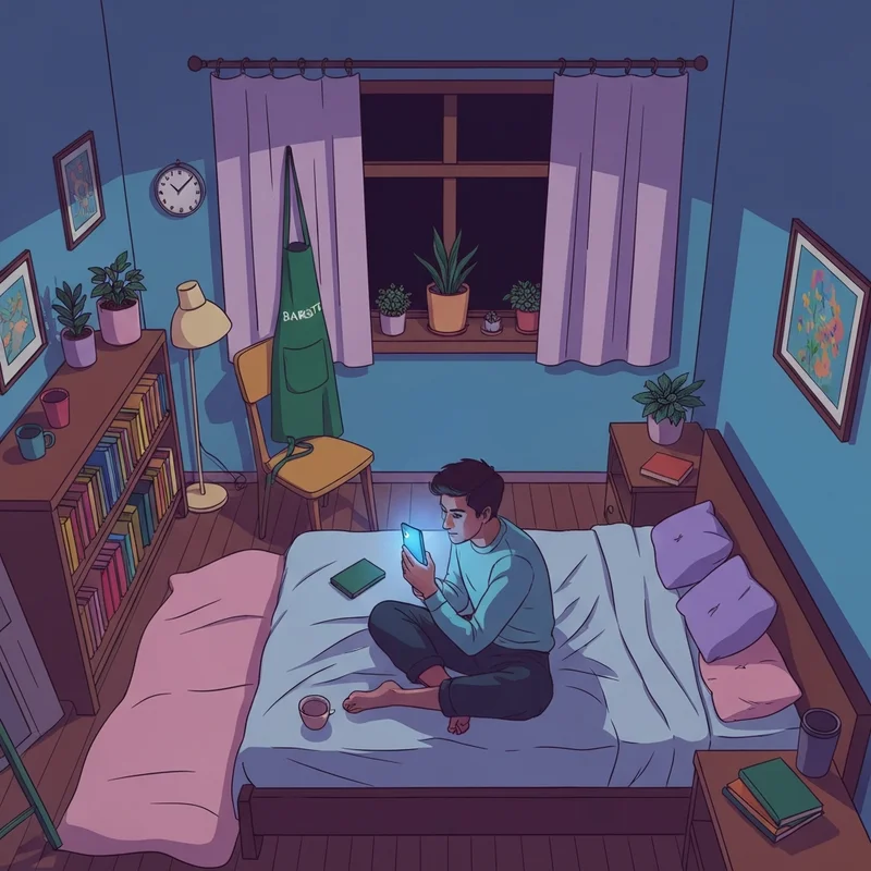 A Starbucks partner checking their starbucks teamworks schedule on a smartphone in a cozy bedroom setting.