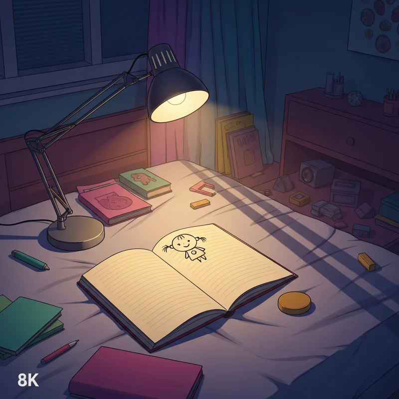 A cinematic depiction of a room reflecting on the diary of a wimpy kid manny character.