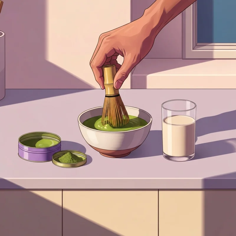 A serene morning ritual featuring the best matcha powder for latte being whisked into a vibrant green foam.