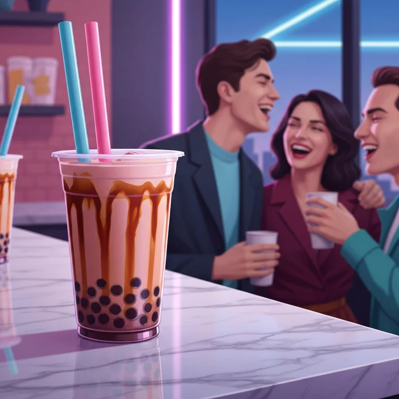 A close-up aesthetic shot of what is boba milk tea with brown sugar stripes and chewy pearls in a neon-lit shop.