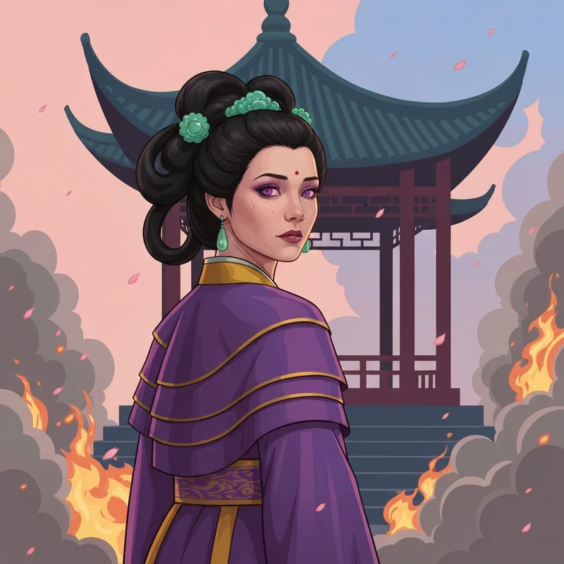 A dramatic representation of Apothecary Diaries Shisui standing in the burning pavilion during the Season 2 finale.