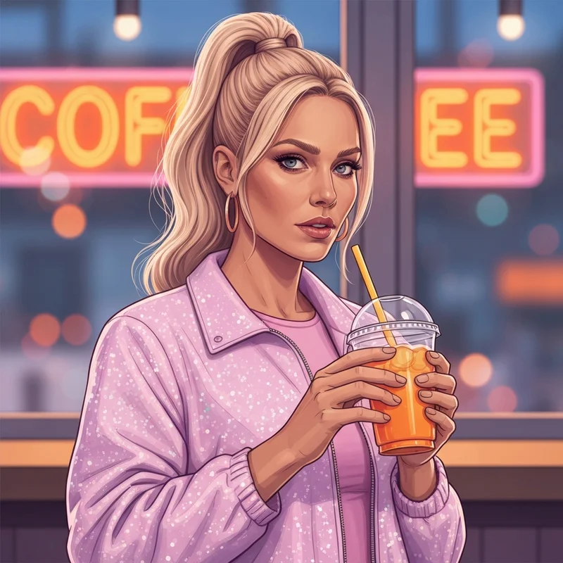 A girl holding a sabrina carpenter dunkin cup filled with an orange refresher.