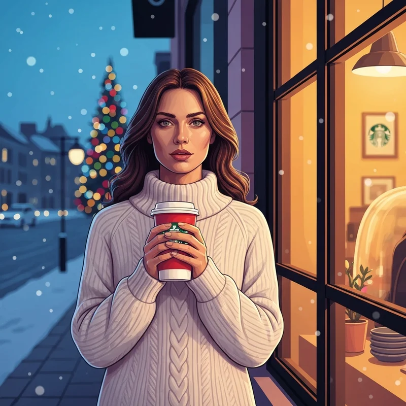 A woman holding a holiday coffee cup while checking starbucks hours christmas day.