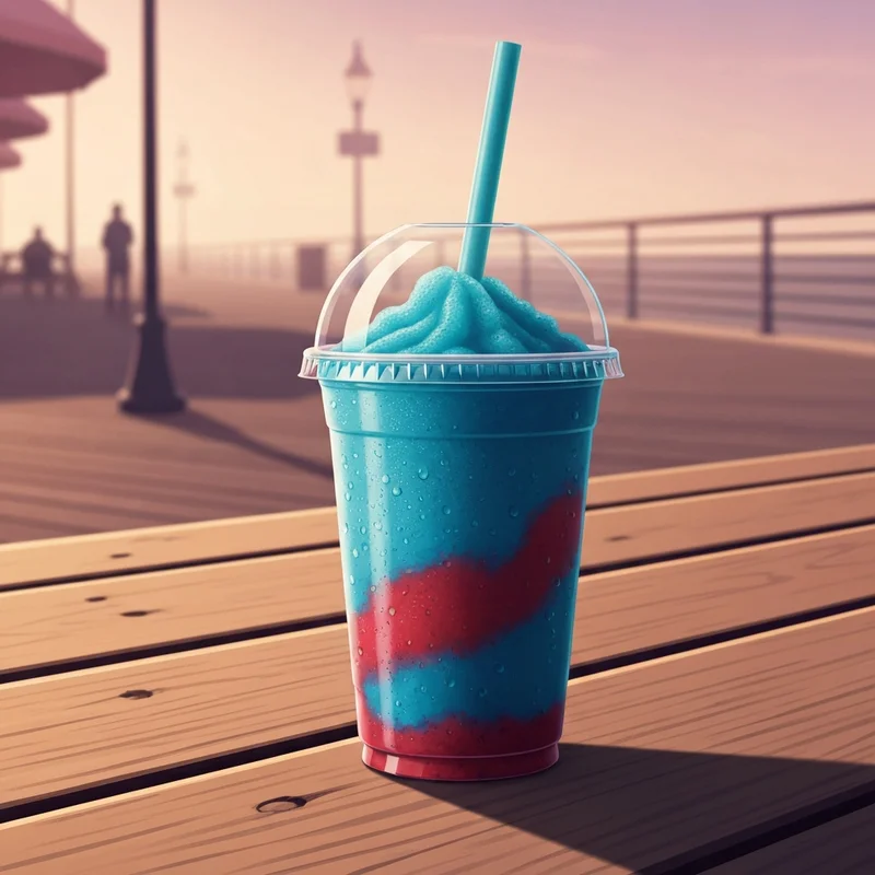 A vibrant frozen treat representing coolattas at dunkin sitting on a sunny summer table.