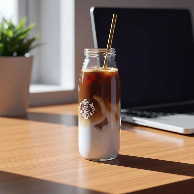 A beautifully styled starbucks coffee glass bottle filled with a layered iced latte on a clean, aesthetic desk setup.