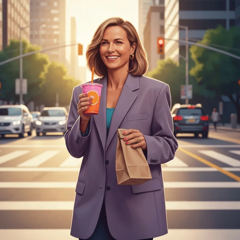 A woman enjoying her morning routine with a dunkin meal deal in a sunny city setting.