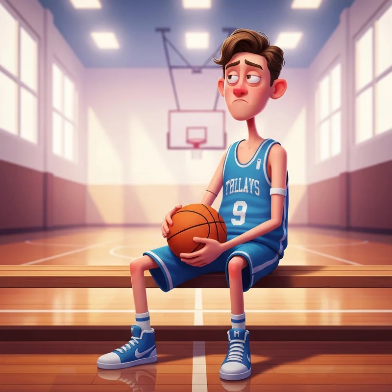 Illustration of the main character from Diary of a Wimpy Kid: Big Shot sitting on a basketball bench.