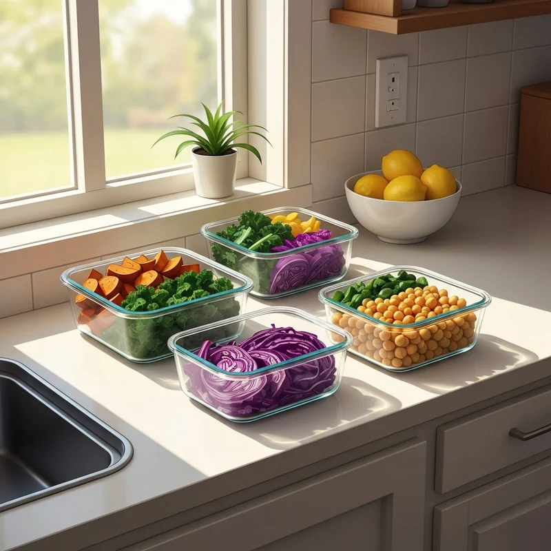 A collection of organized glass containers showcasing various vegan meal prep ideas on a sunlit kitchen counter.