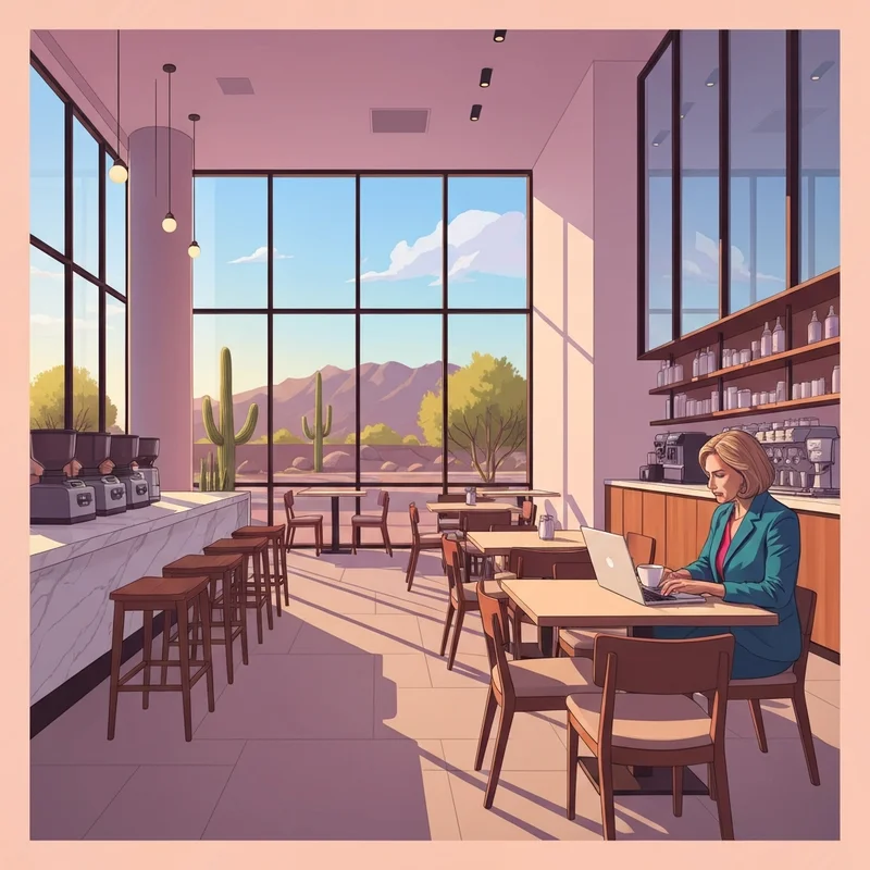 A modern and sophisticated starbucks scottsdale interior featuring desert views and a productive atmosphere for remote workers.