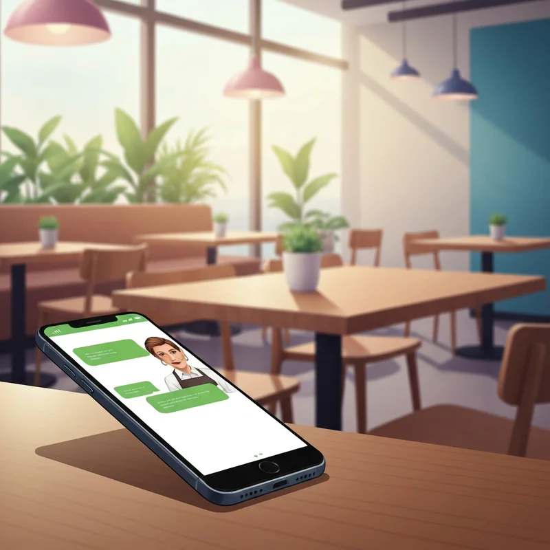 A user interacting with the starbucks live chat on a smartphone in a cozy, modern cafe setting.