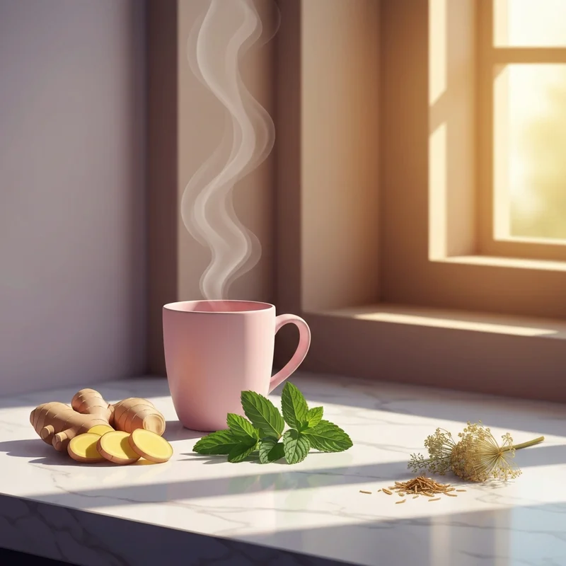 A peaceful wellness scene featuring the best teas to drink for bloating with fresh ingredients like ginger and peppermint.