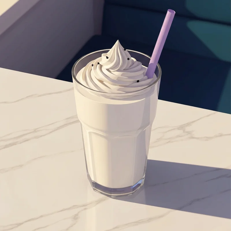 A perfectly styled glass of a homemade starbucks vanilla bean frappuccino recipe with whipped cream on a marble counter.