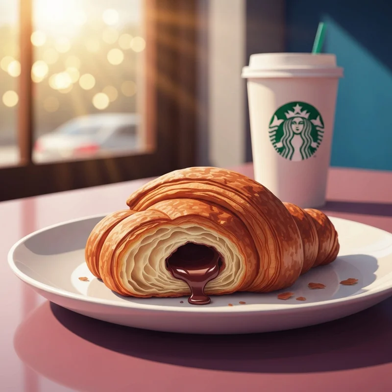 A perfectly warmed and flaky starbucks chocolate croissant showing its melted chocolate center on a cafe table.