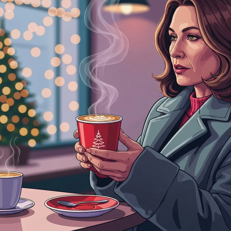 A stylish Gen Z individual holding one of the iconic holiday starbucks drinks in a festive red cup.