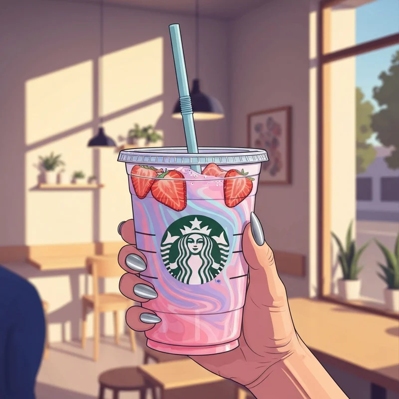 A close-up of a hand holding the iconic Starbucks Pink Drink with strawberries and coconut milk.