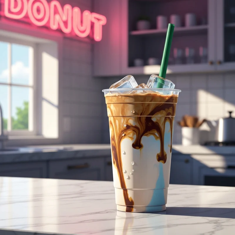 A refreshing cup of dunkin coffee milk with ice on a sunny kitchen counter.