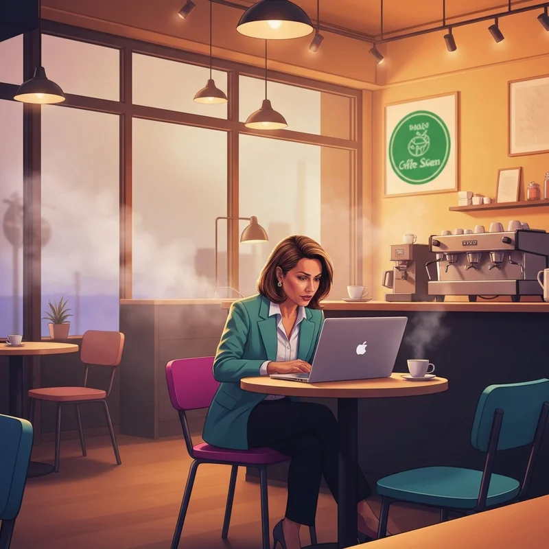 A young professional working on a laptop using starbucks coffee wifi in a cozy modern cafe.