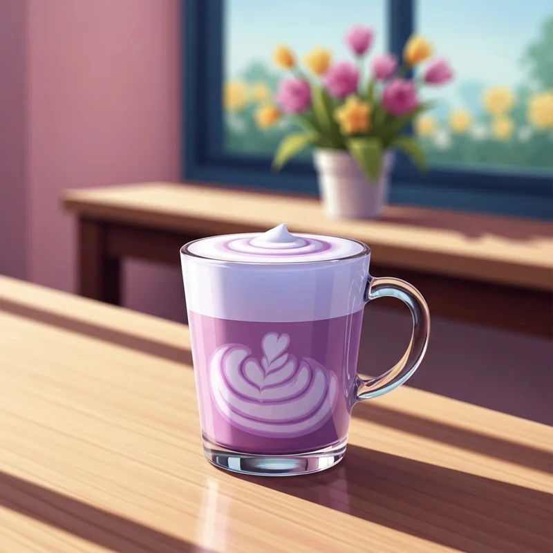 A cinematic close-up of a lavender latte starbucks with soft purple swirls and oatmilk foam in a minimalist cafe.