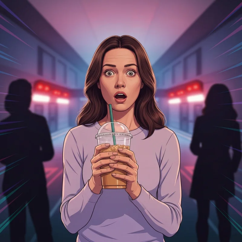 A cinematic depiction of the fsu starbucks girl archetype in a moment of crisis.