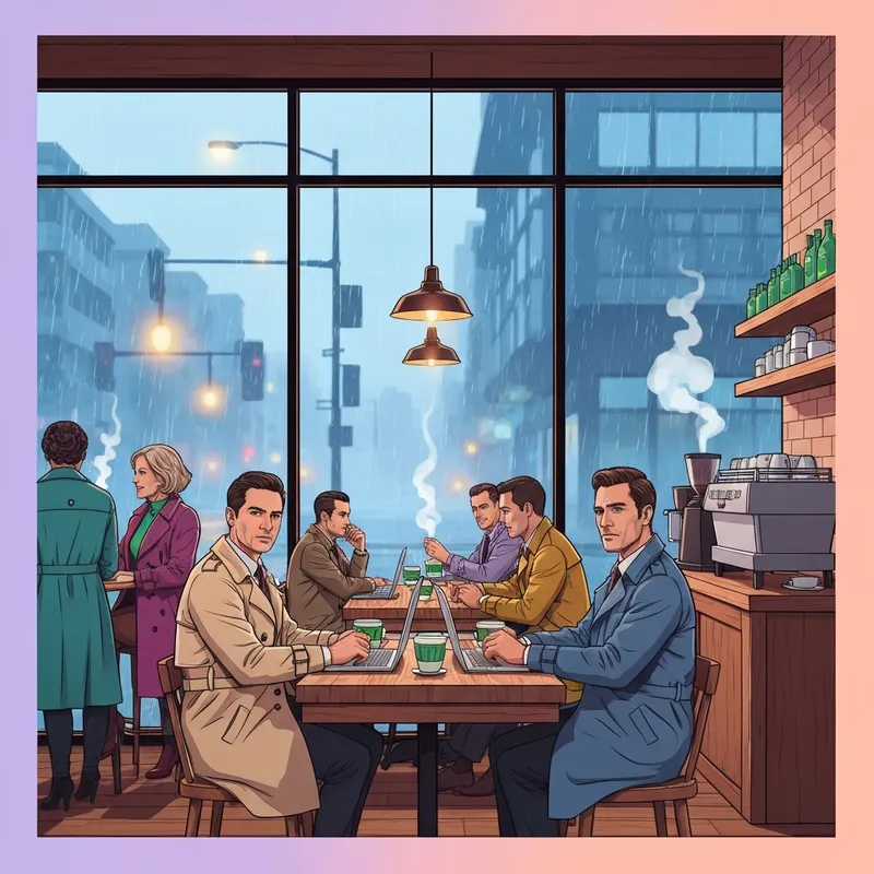 A cozy and warm interior of a Starbucks Vancouver location during a rainy day, featuring remote workers and a comforting atmosphere.