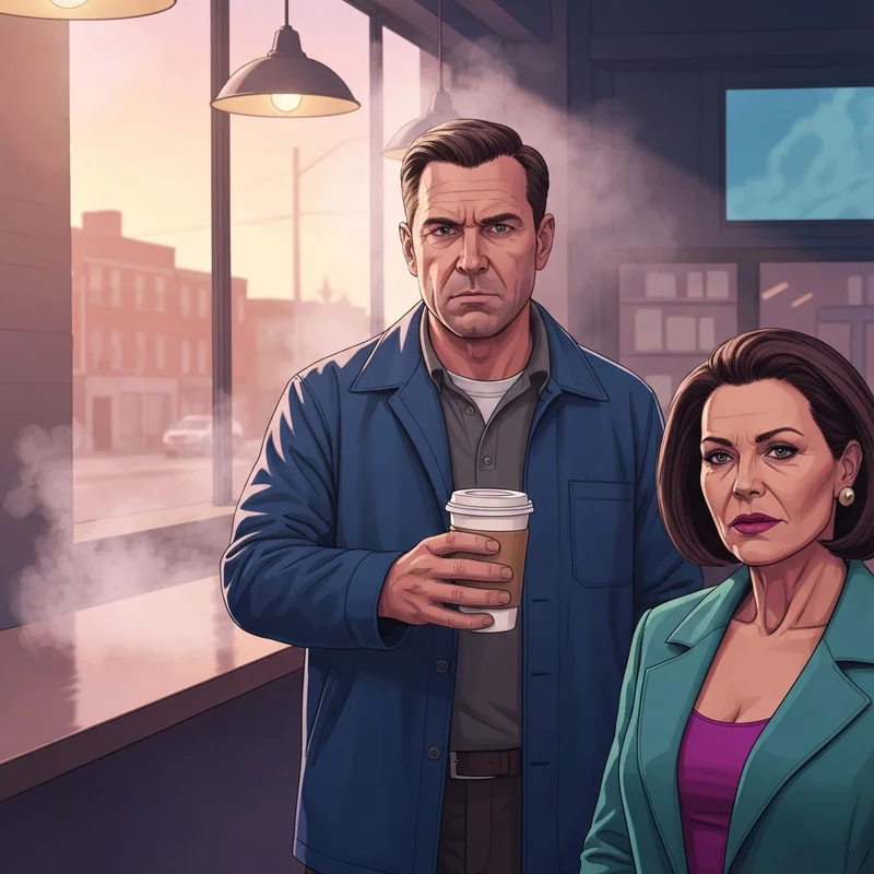 A cinematic representation of the snl dunkin donuts sketch aesthetic featuring a gritty morning coffee shop scene.