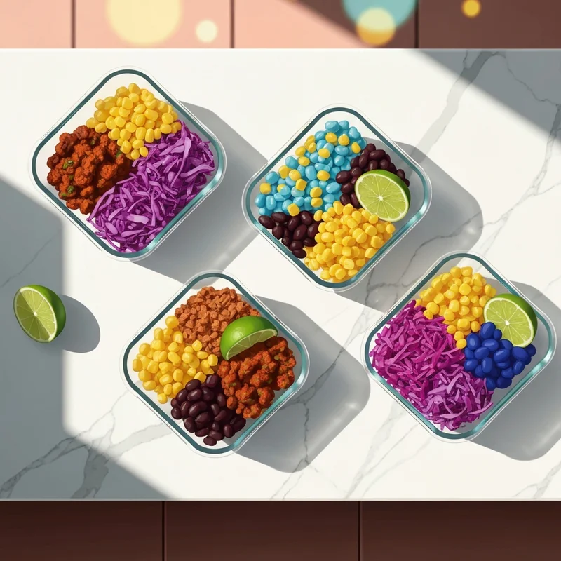 Aesthetic taco bowl meal prep containers organized on a kitchen counter for the week.