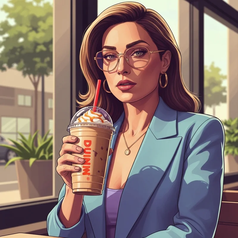 A stylish young woman enjoying one of the seasonal Dunkin lattes during a golden hour morning ritual.