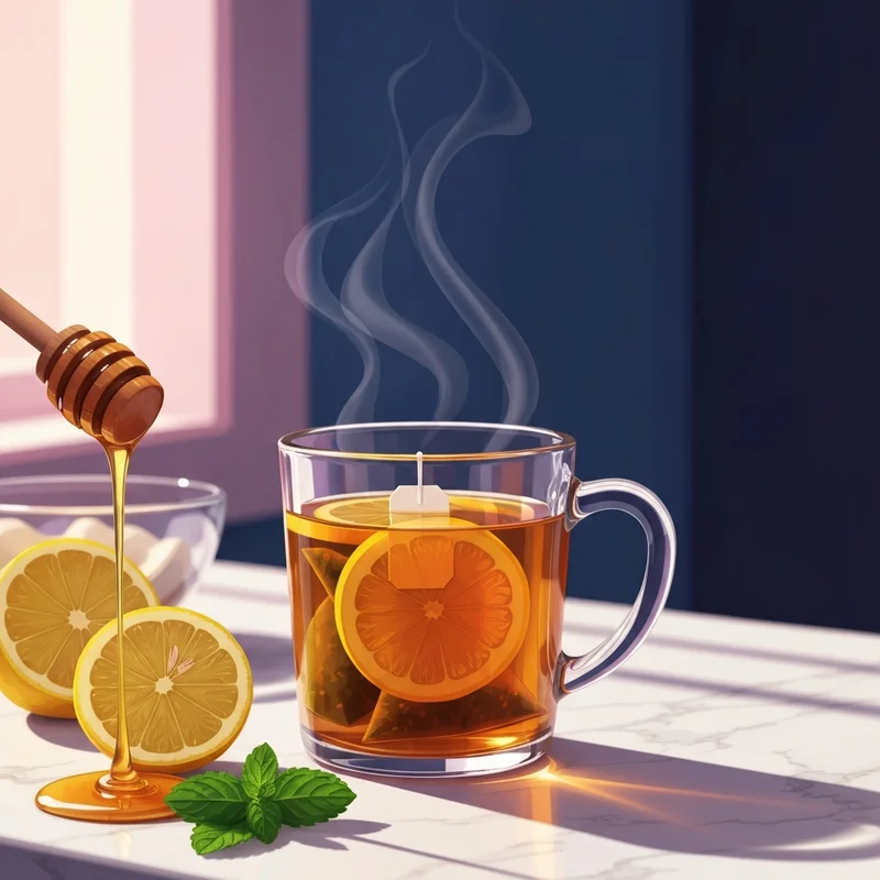 A steaming mug of tea representing the medicine ball starbucks recipe with lemon and honey on a kitchen counter.