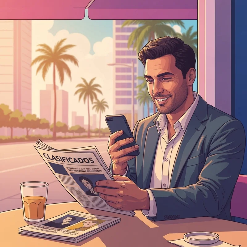 Buscador de empleo en Miami consultando diario las américas empleos en su teléfono móvil.