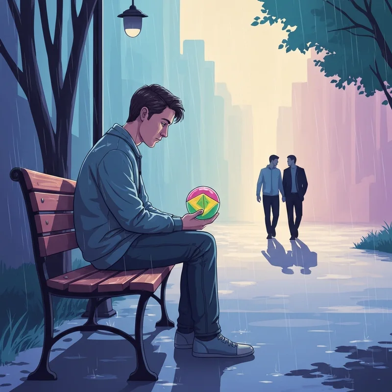 A lonely figure reflecting on their Diary of a Wimpy Kid Hard Luck phase while sitting on a park bench.