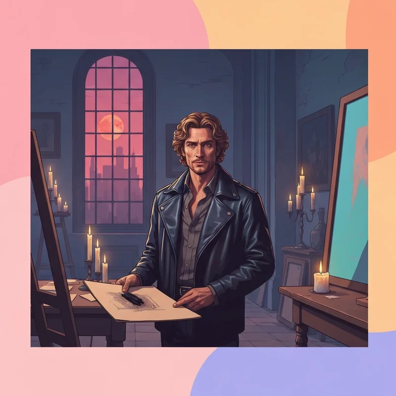 A brooding artistic man embodying the spirit of vampire diaries klaus in an ancient New Orleans studio.