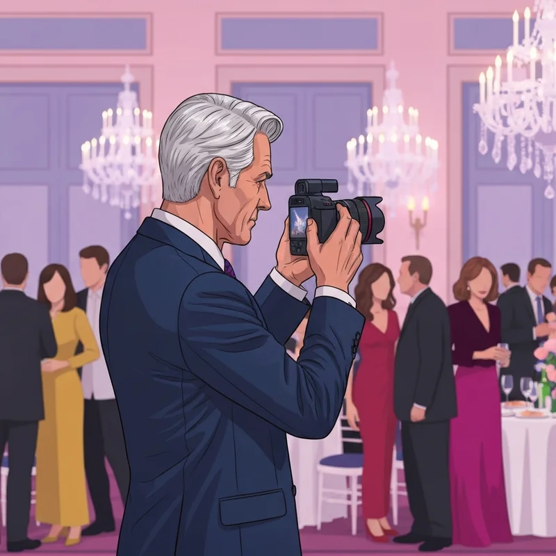 A sophisticated gentleman documenting Manhattan high society for the ny social diary at a lavish NYC gala.