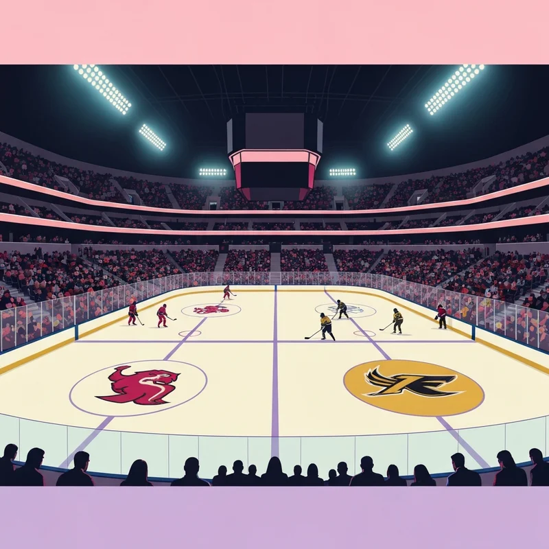 A wide cinematic view of the ice rink during a Blackhawks vs Penguins game day at PPG Paints Arena.