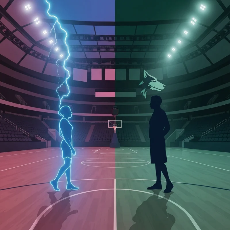 A cinematic representation of the thunder vs timberwolves basketball rivalry in a futuristic neon arena.