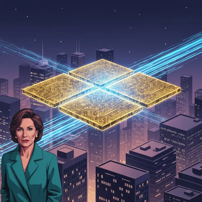 A futuristic holographic memory chip pulsing with blue and gold light, symbolizing the growth of sandisk stock in the AI era.